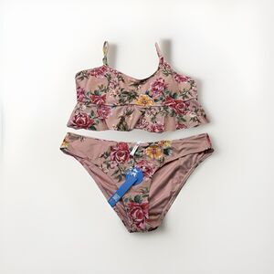 Cupshe Bikini Set XL Pink Floral Ruffle Top Romantic Cottagecore NWT 2-Piece